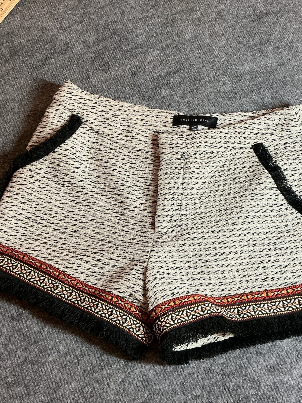 english rose Cream Tweed High-Waist Shorts with Black Trim and Red Accent